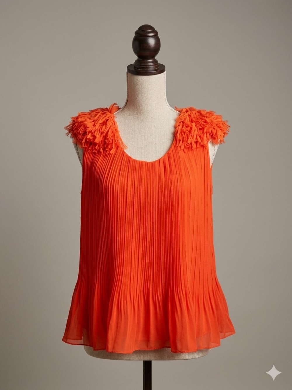 Pleated Orange Sleeveless Camisole with Fringe Shoulder Detail